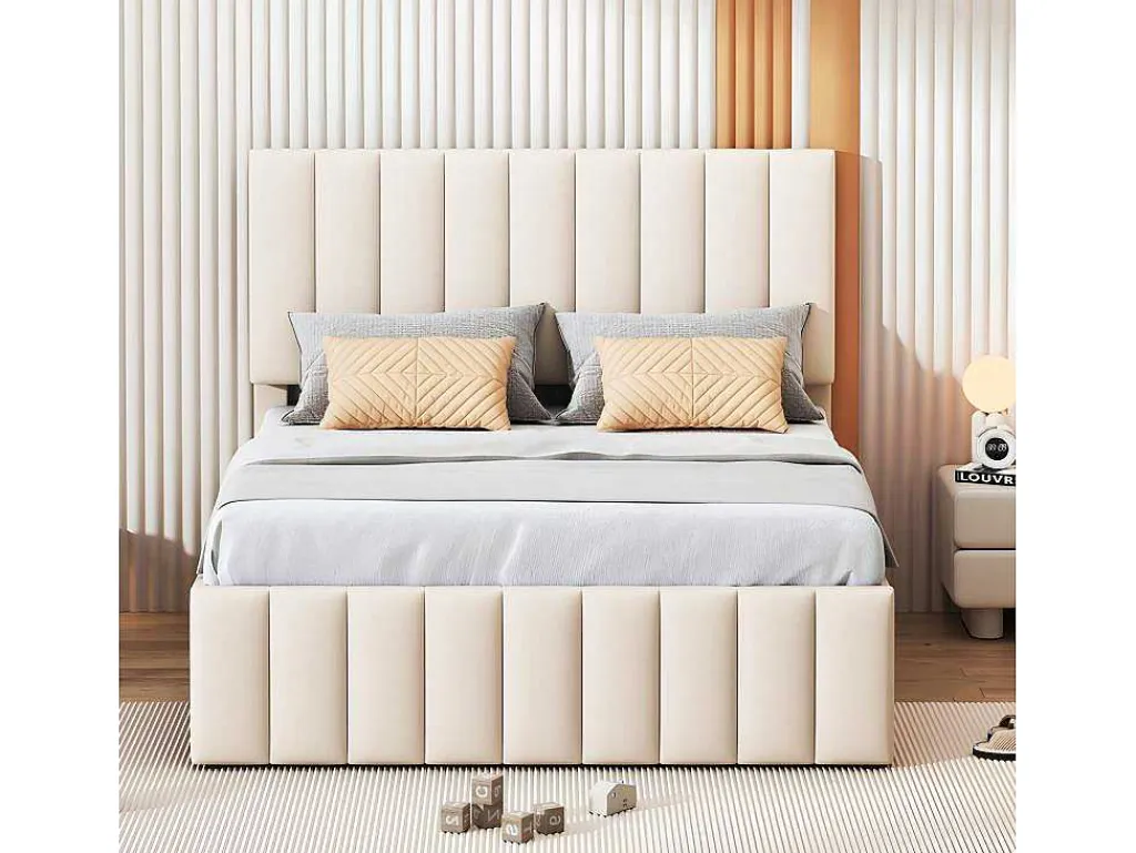 Gestoffeerd Linnen Bed 140X200Cm - Met Onderschuifbed Op Wielen En 3 Lades - Beige-ModernLuxe Best