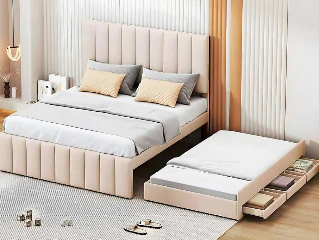 Gestoffeerd Linnen Bed 140X200Cm - Met Onderschuifbed Op Wielen En 3 Lades - Beige-ModernLuxe Best