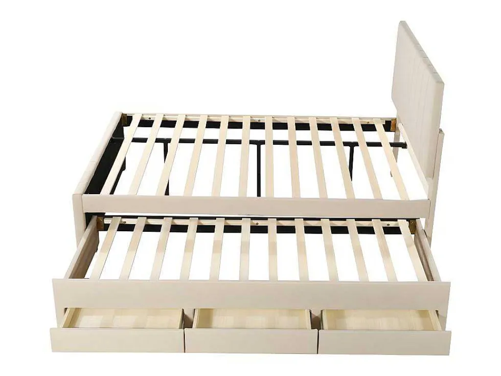 Gestoffeerd Linnen Bed 140X200Cm - Met Onderschuifbed Op Wielen En 3 Lades - Beige-ModernLuxe Best