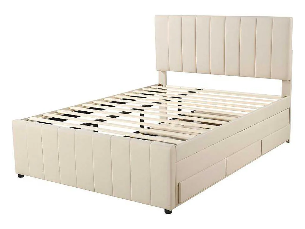 Gestoffeerd Linnen Bed 140X200Cm - Met Onderschuifbed Op Wielen En 3 Lades - Beige-ModernLuxe Best