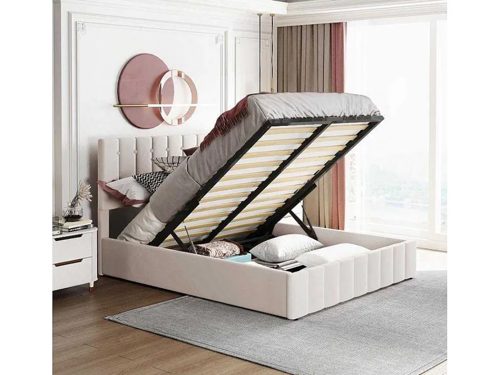 Gestoffeerd Opbergbed - 140X200Cm - Stof Fluweel - Beige-ModernLuxe Sale