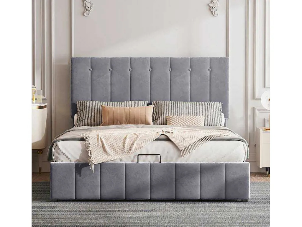 Gestoffeerd Opbergbed - 140X200Cm - Fluwelen Stof - Grijs-ModernLuxe Best