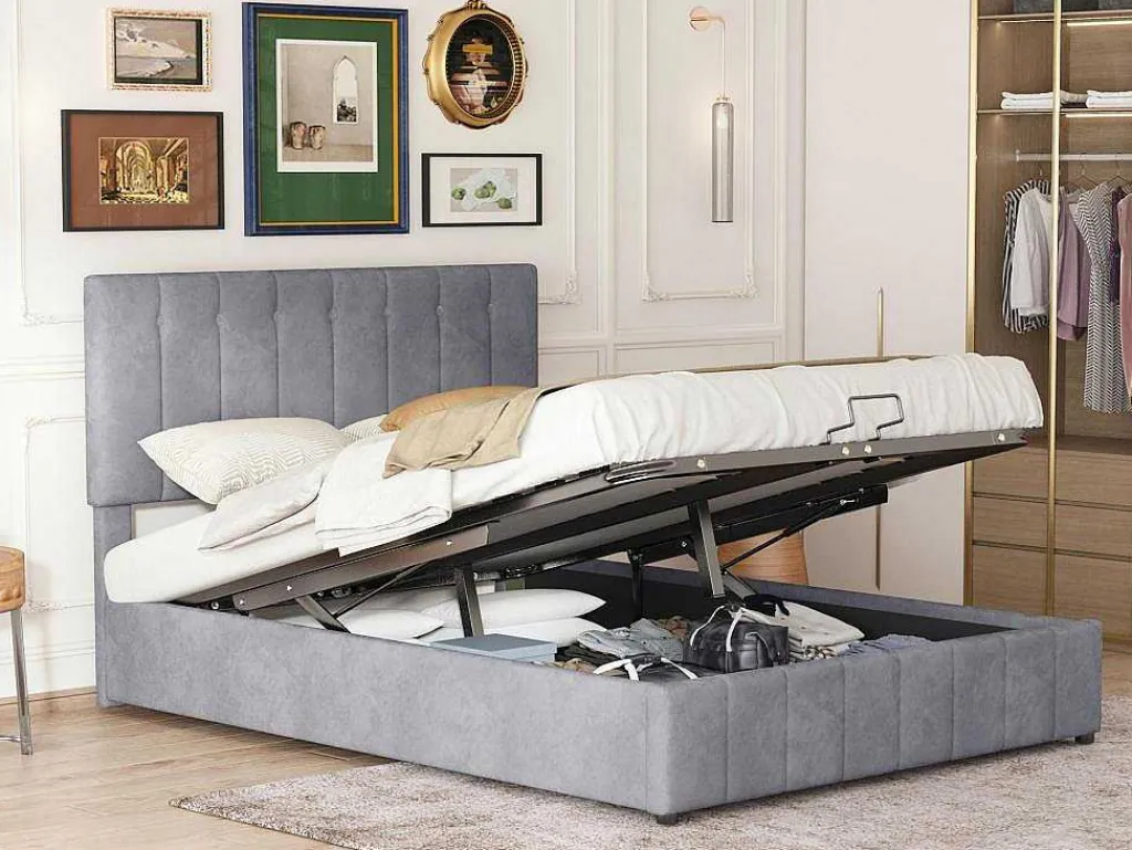 Gestoffeerd Opbergbed - 140X200Cm - Fluwelen Stof - Grijs-ModernLuxe Best