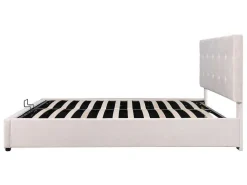 Gestoffeerd Opbergbed - 140X200Cm - Fluwelen Stof - Verstelbaar Blokpatroon Hoofdeinde - Creme-ModernLuxe Hot