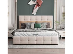 Gestoffeerd Opbergbed - 140X200Cm - Fluwelen Stof - Verstelbaar Blokpatroon Hoofdeinde - Creme-ModernLuxe Hot