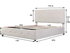 Gestoffeerd Opbergbed - 140X200Cm - Fluwelen Stof - Verstelbaar Blokpatroon Hoofdeinde - Creme-ModernLuxe Hot