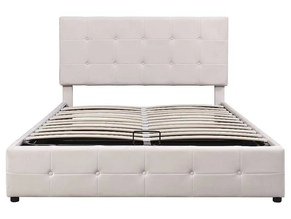 Gestoffeerd Opbergbed - 140X200Cm - Fluwelen Stof - Verstelbaar Blokpatroon Hoofdeinde - Creme-ModernLuxe Hot