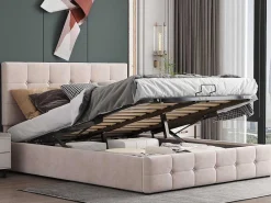 Gestoffeerd Opbergbed - 140X200Cm - Fluwelen Stof - Verstelbaar Blokpatroon Hoofdeinde - Creme-ModernLuxe Hot