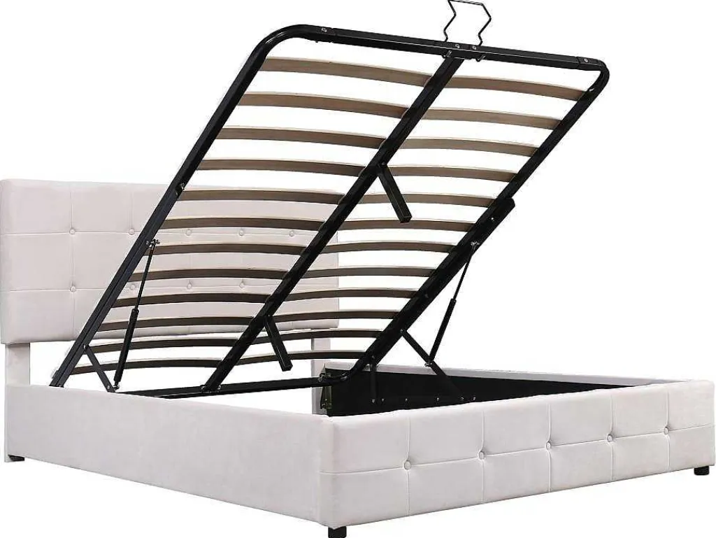 Gestoffeerd Opbergbed - 140X200Cm - Fluwelen Stof - Verstelbaar Blokpatroon Hoofdeinde - Creme-ModernLuxe Hot