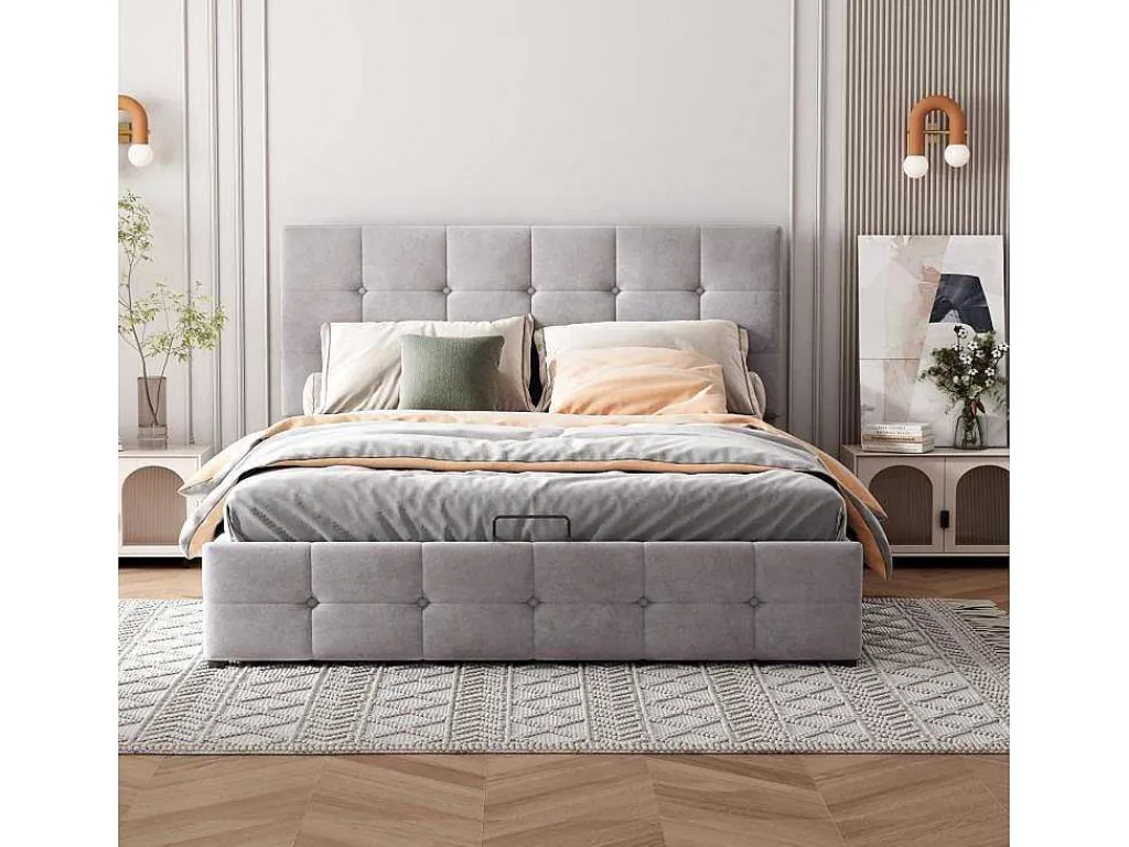 Gestoffeerd Opbergbed - 140X200Cm - Fluwelen Stof - Verstelbaar Hoofdeinde Met Blokpatroon - Grijs-ModernLuxe Online