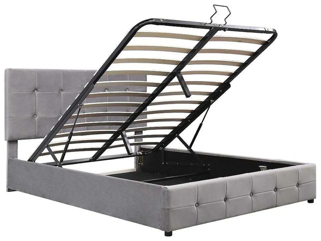 Gestoffeerd Opbergbed - 140X200Cm - Fluwelen Stof - Verstelbaar Hoofdeinde Met Blokpatroon - Grijs-ModernLuxe Online