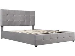 Gestoffeerd Opbergbed - 140X200Cm - Fluwelen Stof - Verstelbaar Hoofdeinde Met Blokpatroon - Grijs-ModernLuxe Online