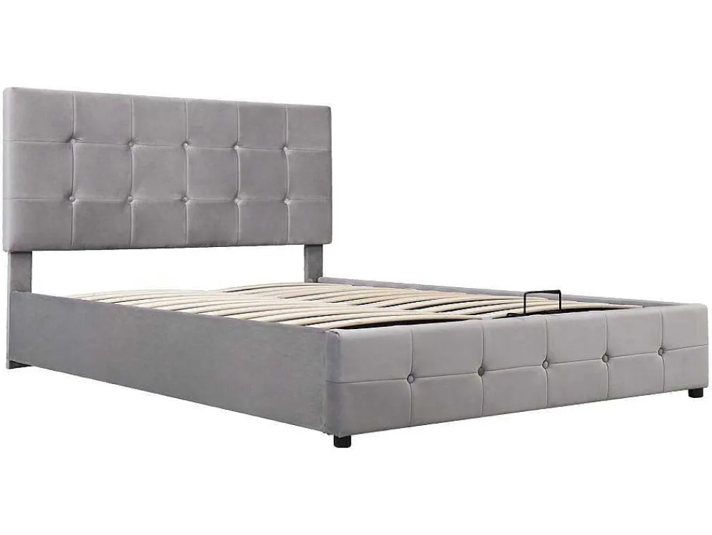 Gestoffeerd Opbergbed - 140X200Cm - Fluwelen Stof - Verstelbaar Hoofdeinde Met Blokpatroon - Grijs-ModernLuxe Online