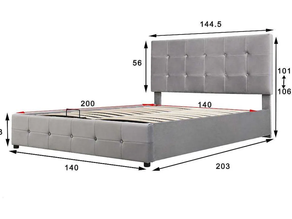 Gestoffeerd Opbergbed - 140X200Cm - Fluwelen Stof - Verstelbaar Hoofdeinde Met Blokpatroon - Grijs-ModernLuxe Online