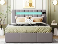Gestoffeerd Opbergbed 140X200Cm - Fluwelen Stof - Met Led En Bluetooth Speler - Grijs-ModernLuxe Online