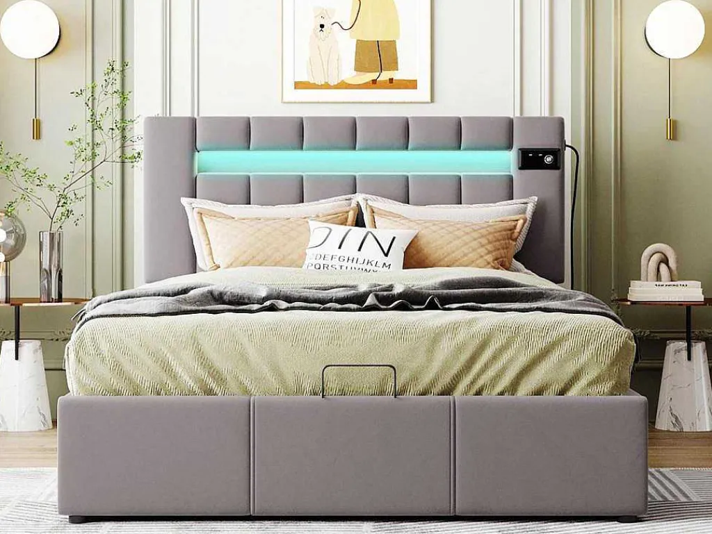 Gestoffeerd Opbergbed 140X200Cm - Fluwelen Stof - Met Led En Bluetooth Speler - Grijs-ModernLuxe Online