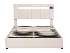 Gestoffeerd Opbergbed 140X200Cm - Stof Fluweel - Met Led En Bluetooth Speler - Beige-ModernLuxe Hot