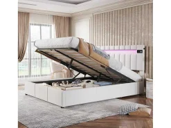 Gestoffeerd Opbergbed 140X200Cm - Stof Fluweel - Met Led En Bluetooth Speler - Beige-ModernLuxe Hot