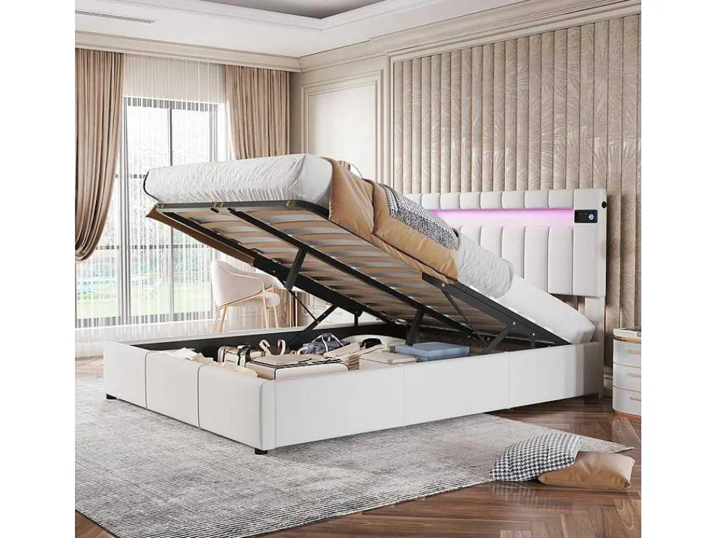 Gestoffeerd Opbergbed 140X200Cm - Stof Fluweel - Met Led En Bluetooth Speler - Beige-ModernLuxe Hot