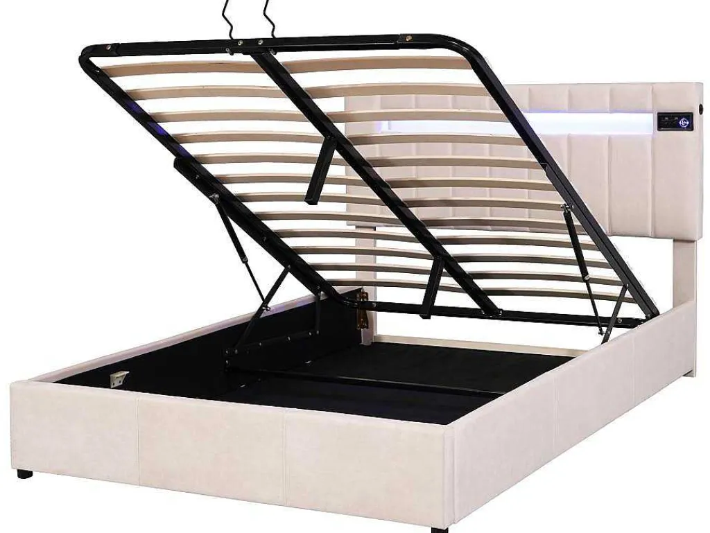Gestoffeerd Opbergbed 140X200Cm - Stof Fluweel - Met Led En Bluetooth Speler - Beige-ModernLuxe Hot