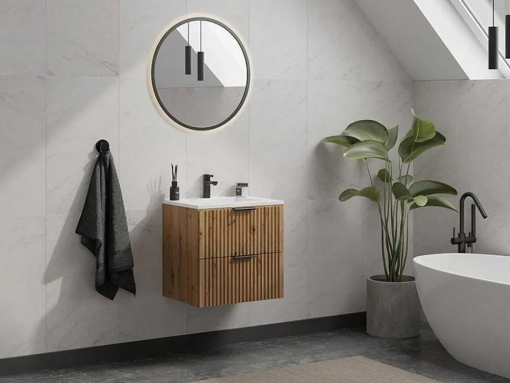Gestreept Hangend Meubel Onder Wastafel - Licht Naturel - L60 Cm - Zevara-Vente-unique Best