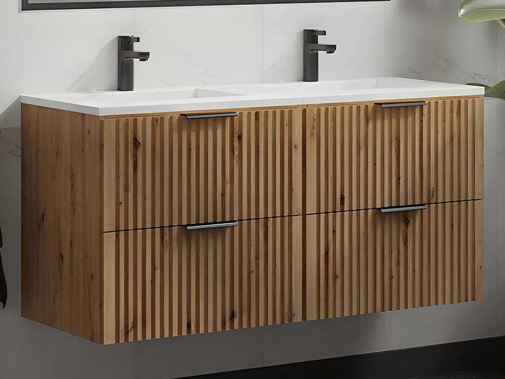 Gestreept Hangmeubel Voor Badkamer Met Inbouwwastafel - Licht Naturel - 120 Cm - Zevara-Vente-unique