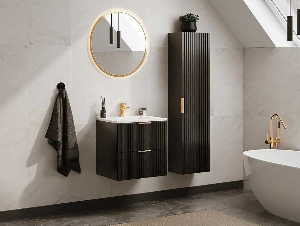 Gestreepte Hangende Badkamerkolom - Zwart - H140 Cm - Zevara-Vente-unique Outlet
