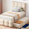 Getuft Onderschuifbed 90X200Cm - Verstelbaar Hoofdeinde - Linnen Stof - Beige-ModernLuxe Outlet