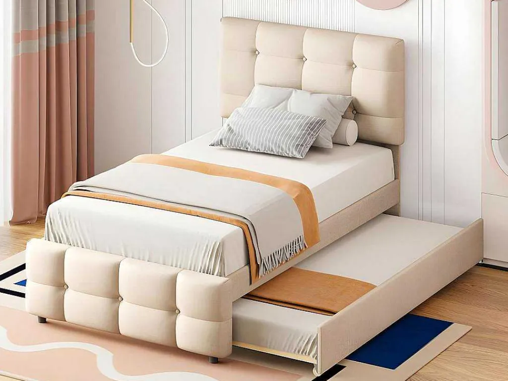 Getuft Onderschuifbed 90X200Cm - Verstelbaar Hoofdeinde - Linnen Stof - Beige-ModernLuxe Outlet