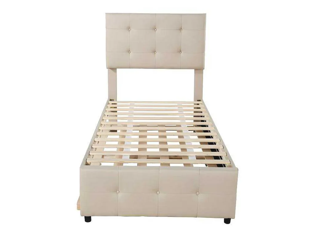 Getuft Onderschuifbed 90X200Cm - Verstelbaar Hoofdeinde - Linnen Stof - Beige-ModernLuxe Outlet