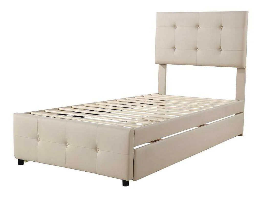 Getuft Onderschuifbed 90X200Cm - Verstelbaar Hoofdeinde - Linnen Stof - Beige-ModernLuxe Outlet