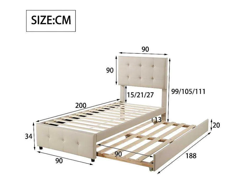 Getuft Onderschuifbed 90X200Cm - Verstelbaar Hoofdeinde - Linnen Stof - Beige-ModernLuxe Outlet