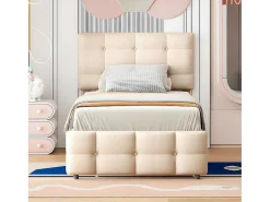 Getuft Onderschuifbed 90X200Cm - Verstelbaar Hoofdeinde - Linnen Stof - Beige-ModernLuxe Outlet