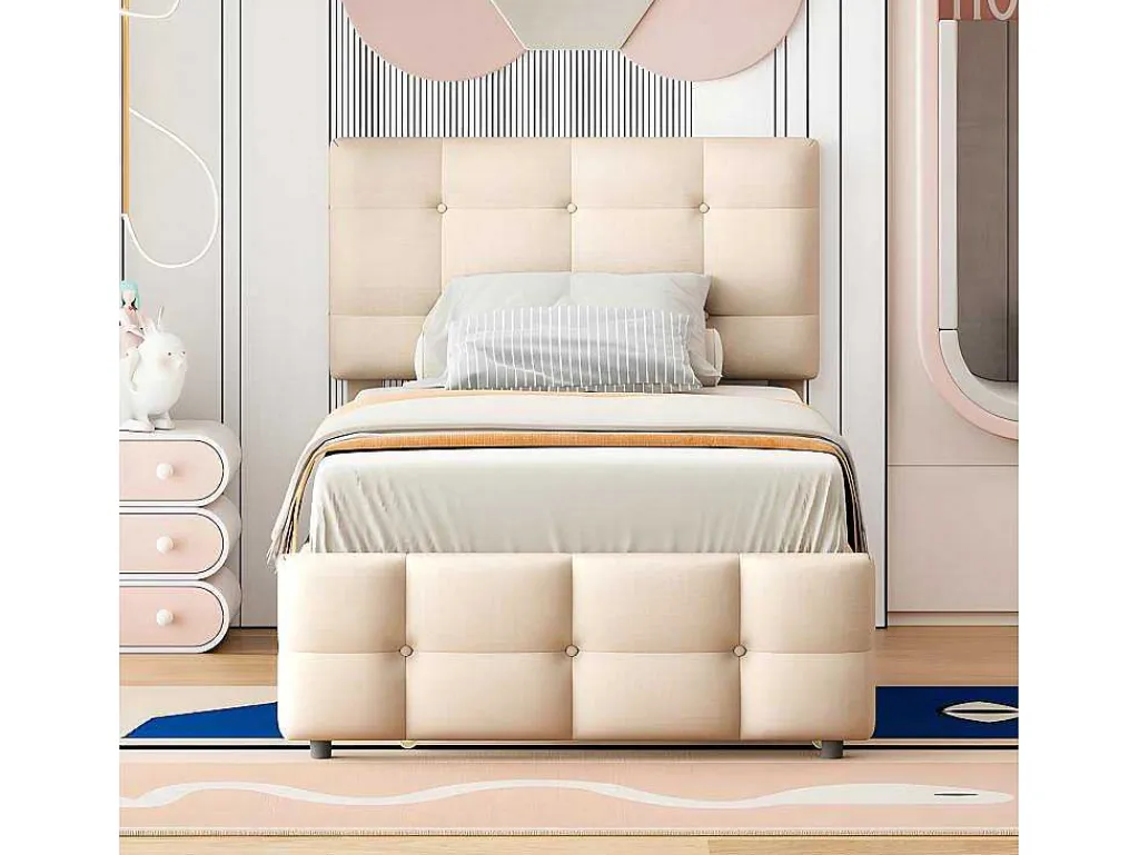 Getuft Onderschuifbed 90X200Cm - Verstelbaar Hoofdeinde - Linnen Stof - Beige-ModernLuxe Outlet