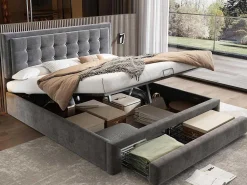 Gewatteerd Opbergbed 160X200Cm In Fluweel Met Lade + Lattenbodem - Grijs (Zonder Matras)-ModernLuxe Clearance