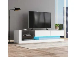 Glanzend Tv-Meubel Met 2 Deuren En 2 Glazen Planken - Spaanplaat - Led'S - Wit-Vente-unique