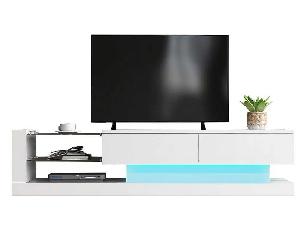 Glanzend Tv-Meubel Met 2 Deuren En 2 Glazen Planken - Spaanplaat - Led'S - Wit-Vente-unique
