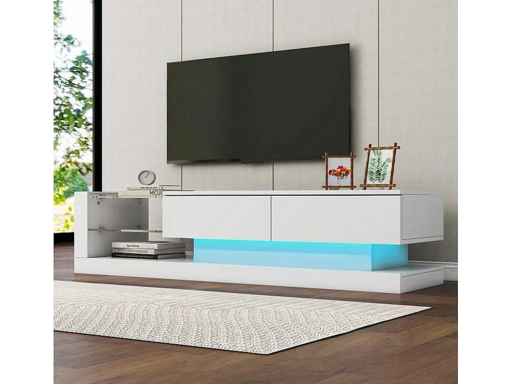 Glanzend Tv-Meubel Met 2 Deuren En 2 Glazen Planken - Spaanplaat - Led'S - Wit-Vente-unique