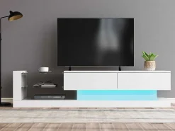Glanzend Tv-Meubel Met 2 Deuren En 2 Glazen Planken - Spaanplaat - Led'S - Wit-Vente-unique