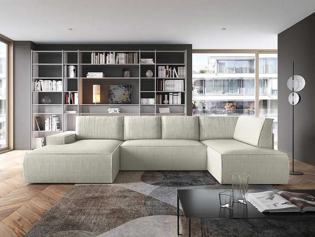 Grote Panoramische Omkeerbare Hoekslaapbank Met Hoek Links Van Beige Ribfluweel Amelia-Vente-unique Hot