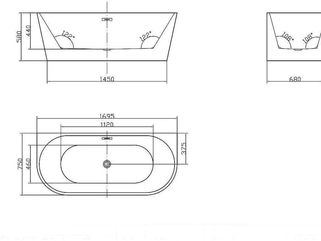 Halfvrijstaand Bad Divina -245L - 170 X 75 X 58Cm - Glanzend Zwart - Acryl - Divina-Shower & Design New