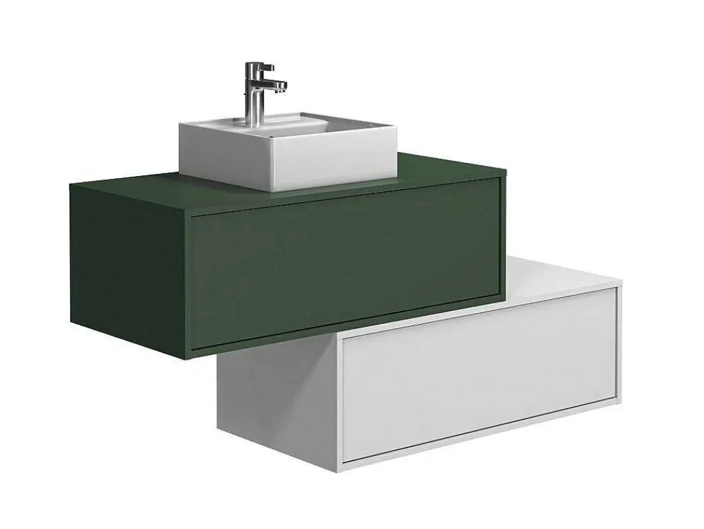 Hangend Badkamermeubel Groen En Wit Met Enkele Wastafel En Twee Laden - 94 Cm - Teana Ii-Vente-unique Sale