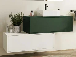 Hangend Badkamermeubel Groen En Wit Met Enkele Wastafel En Twee Laden - 94 Cm - Teana Ii-Vente-unique Sale