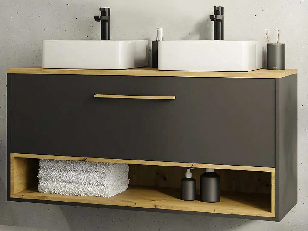 Hangend Badkamermeubel Met Dubbele Wastafel En Spiegelkast - Antraciet - 120 Cm - Yangra-Vente-unique Outlet