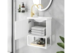 Hangend Badkamermeubel Met Ingebouwde Wastafel - 1 Deur En 1 Open Metalen Plank - Wit (Kraan Niet Inbegrepen)-ModernLuxe