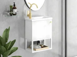 Hangend Badkamermeubel Met Ingebouwde Wastafel - 1 Deur En 1 Open Metalen Plank - Wit (Kraan Niet Inbegrepen)-ModernLuxe