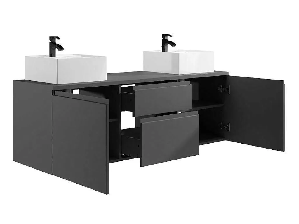 Hangend Badkamermeubel Met Dubbele Wastafel En Spiegels - Grijs - 150 Cm - Jimena Ii-Vente-unique Online