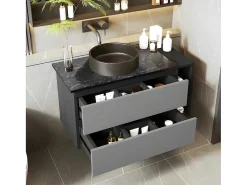Hangend Badkamermeubel Met Keramische Wastafel En 2 Laden - Marmeren Bladen L 80Cm - Modern Design - Grijs (Kraan Niet Inbegrepen)-ModernLuxe
