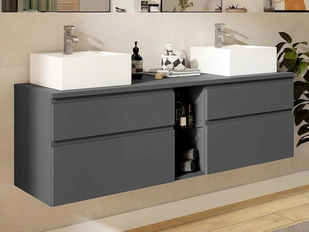 Hangend Badkamermeubel Met Dubbele Wastafel - Grijs - 150 Cm - Magdalena Ii-Vente-unique Online