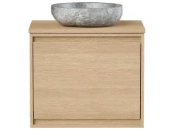 Hangend Badkamermeubel Met Opzet Wastafel Van Steen - Eiken Fineer - 60 Cm - Mesliva-Vente-unique Discount